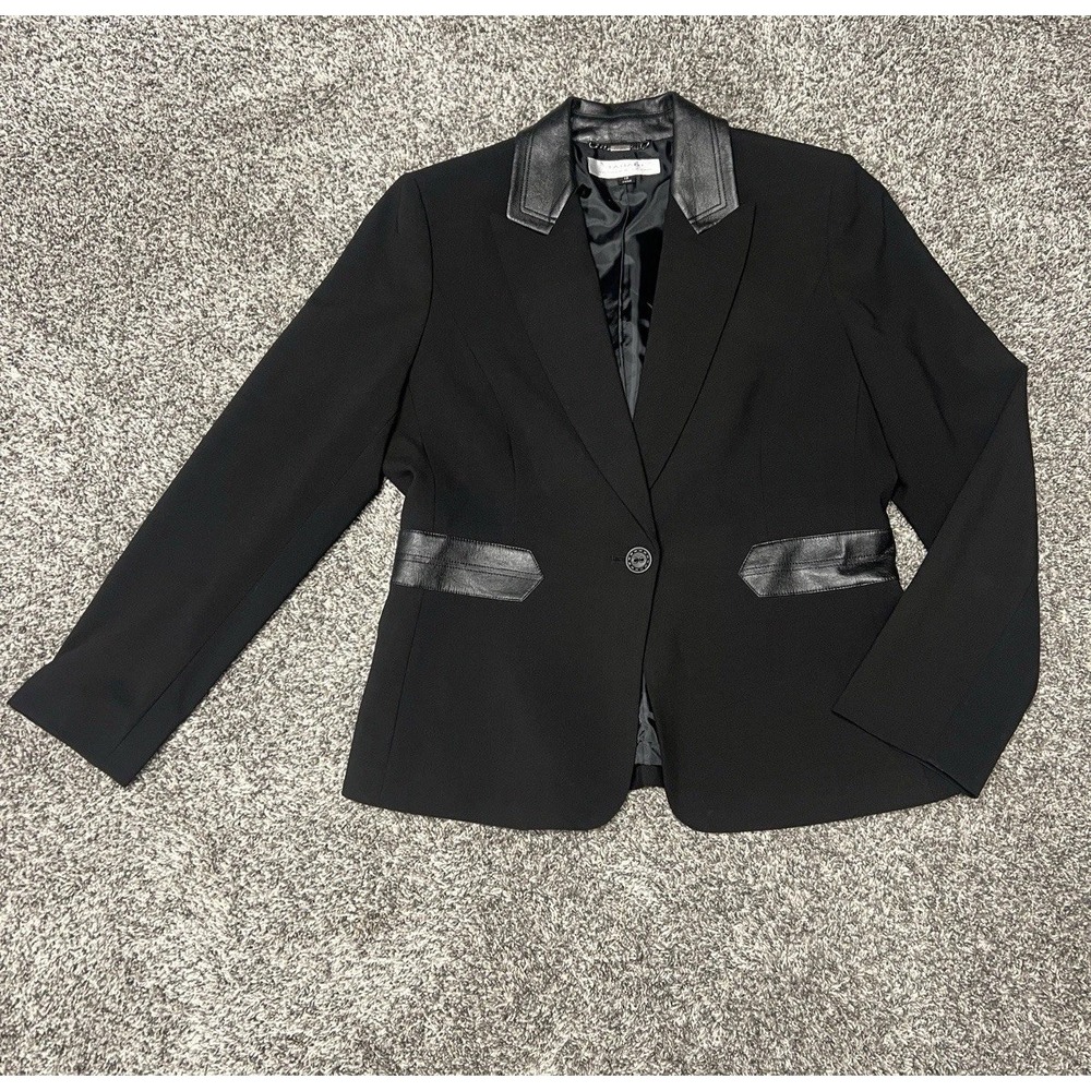 Tahari ASL Women's Blazer Size 12 Faux Leather Trim Single Button Career Jacket